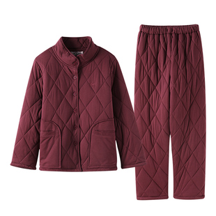 美标2025三层加厚夹棉纯棉情侣立领睡衣套装女冬保暖全棉家居服男