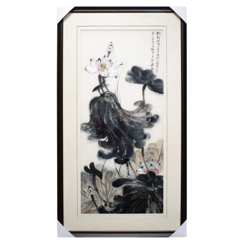 顾氏墨荷淡雅竖幅简约风苏绣成品
