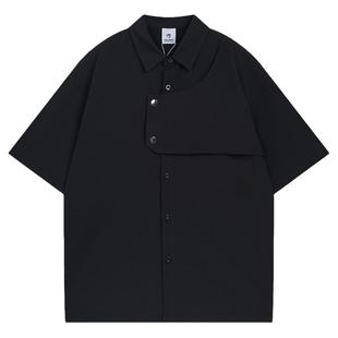 From Mars 自我关闭 日系不规则拼接短袖衬衫宽松纯色工装情侣潮