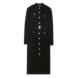 白鹿语优雅立领泡泡袖连衣裙秋冬款气质单排扣修身通勤长裙女