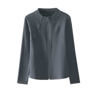 纯棉拉链立领长袖t恤女外穿2025新款春秋打底衫内搭修身开衫外套