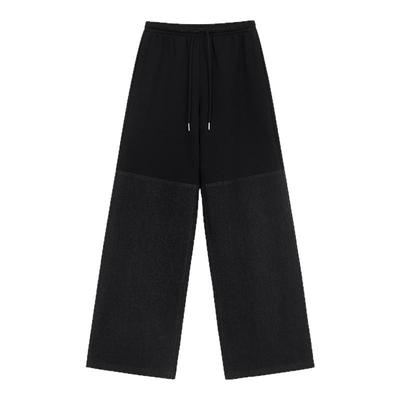 黑色松紧腰系带拼接直筒阔腿裤子