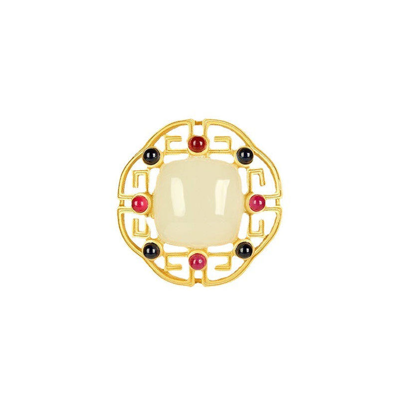 方形镂空宫廷风胸针女镀金仿和田玉复古包边设计旗袍别针吊坠两用
