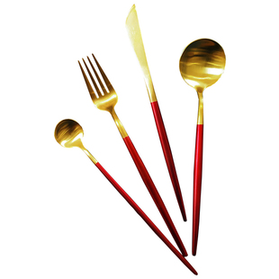 过目不忘的那种美！高端红刀叉勺筷子三件套装家用甜品叉勺西餐具