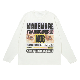 Makemore长袖t恤男*撞色研究所白墨印花美式撞色罗纹上衣打底衫女
