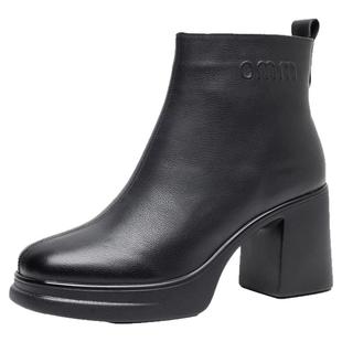 粗跟厚底短靴女防水台高跟鞋春秋单靴子真皮保暖加绒女靴子马丁靴