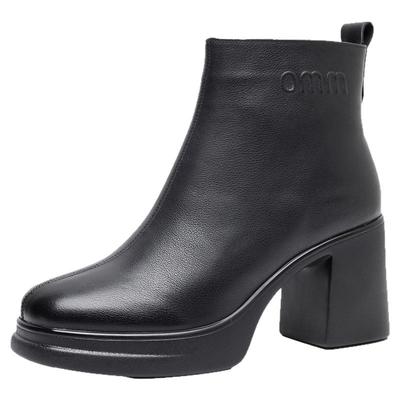 粗跟厚底短靴女防水台高跟鞋春秋单靴子真皮保暖加绒女靴子马丁靴