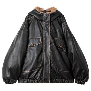 KEIKO 美式复古黑色皮衣棉服女冬季擦色做旧加厚大毛领pu皮外套