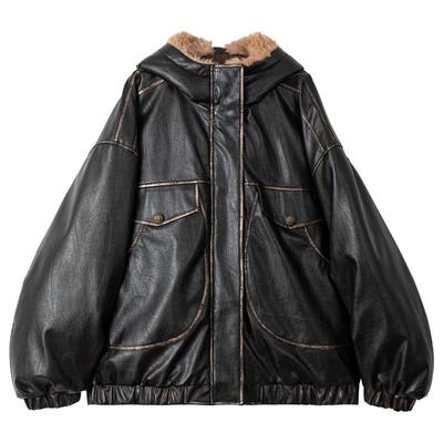 KEIKO 美式复古黑色皮衣棉服女冬季擦色做旧加厚大毛领pu皮外套