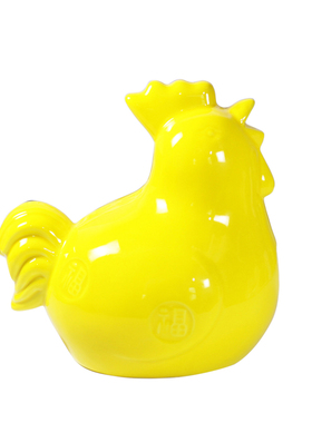 手工黄陶瓷公鸡风水储蓄罐摆件