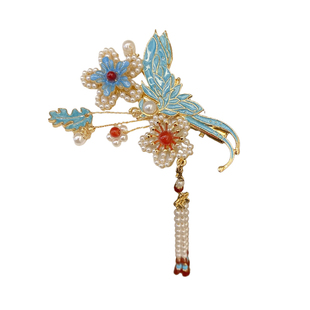 名狐汉服头饰步摇流苏古典烧蓝马面裙结婚发饰侧边夹旗袍发饰