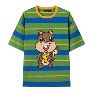 drew house sherman松鼠图案绿蓝条纹短袖纯棉T恤男女同款