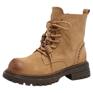 星期六英伦马丁靴女擦色2025冬新款粗跟短靴复古经典中筒靴大黄靴