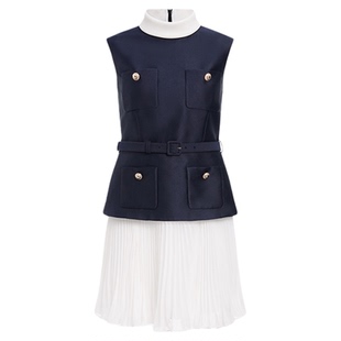 self-portrait 2025早秋新款蓝撞白小香风缎面假两件无袖连衣裙