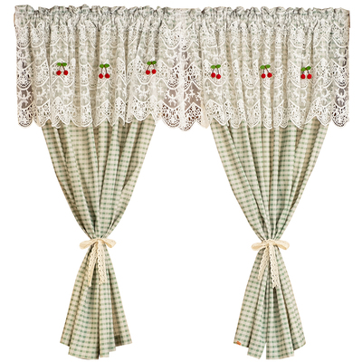 法式浪漫白色蕾丝绿色格子窗帘飘窗厨房韩式清新田园半帘门帘柜帘