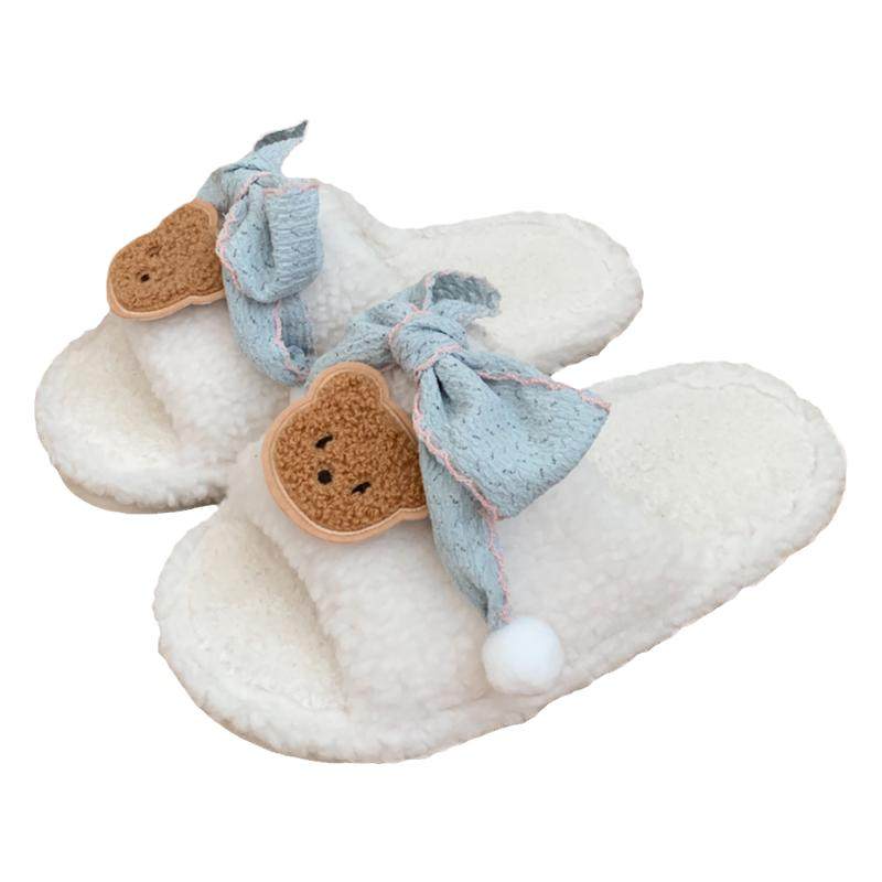 细细条 软萌小熊一字棉拖鞋学生休闲家居秋冬季蝴蝶结毛毛拖鞋女