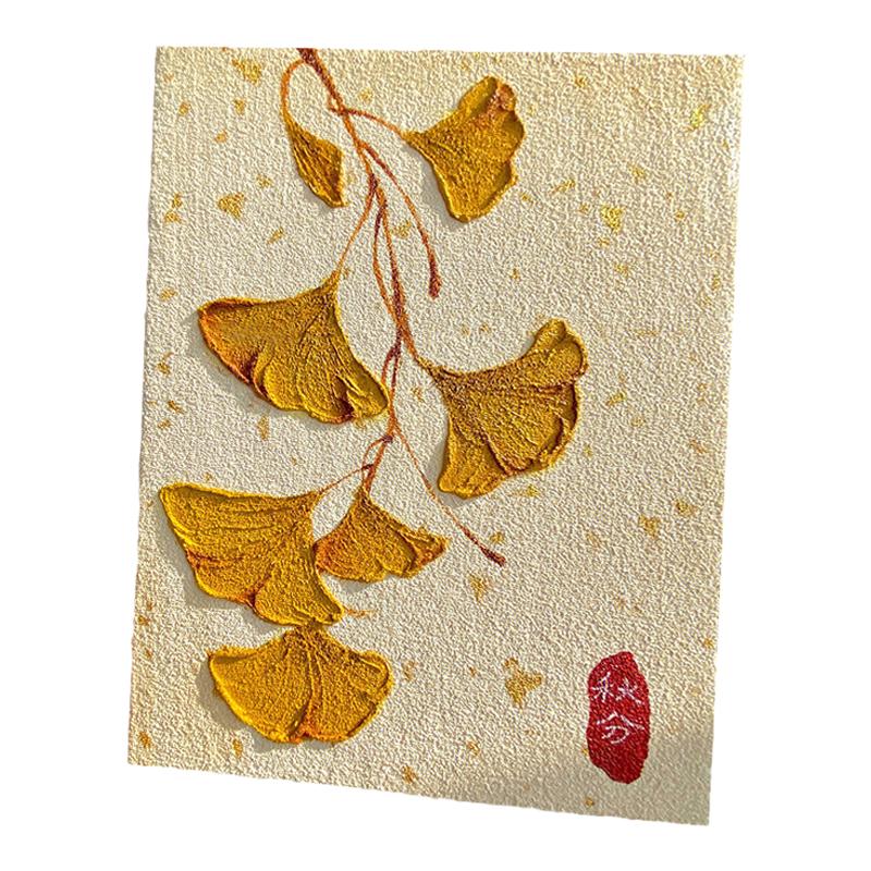 秋冬风景银杏树梅花立体肌理画
