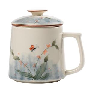 草木灰手绘青花陶瓷泡茶茶杯个人专用茶水分离过滤办公杯带盖杯子