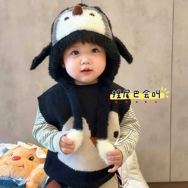 小手捏捏会响哦～儿童帽子冬季可爱超萌企鹅男女宝加厚保暖护耳帽