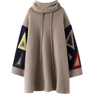 致敬重磅！连帽几何提花阔袖羊绒衫女中长款纯羊绒帽衫连衣裙子