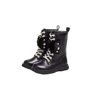 泰兰尼斯冬季新款女童高筒马丁靴卡通黑皮鞋加绒保暖中大童烟筒靴