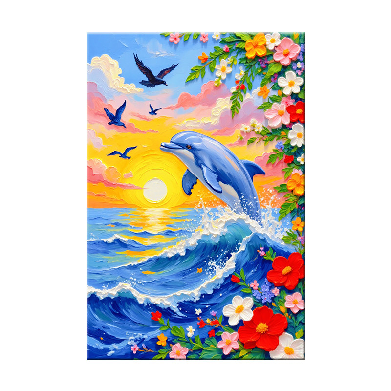 跃动的海豚数字油画diy填涂色手工绘海边花卉美景丙烯油彩装饰画