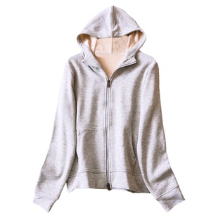 纯色内里磨绒加厚含羊毛百搭连帽休闲双拉链运动卫衣女装外套Q391