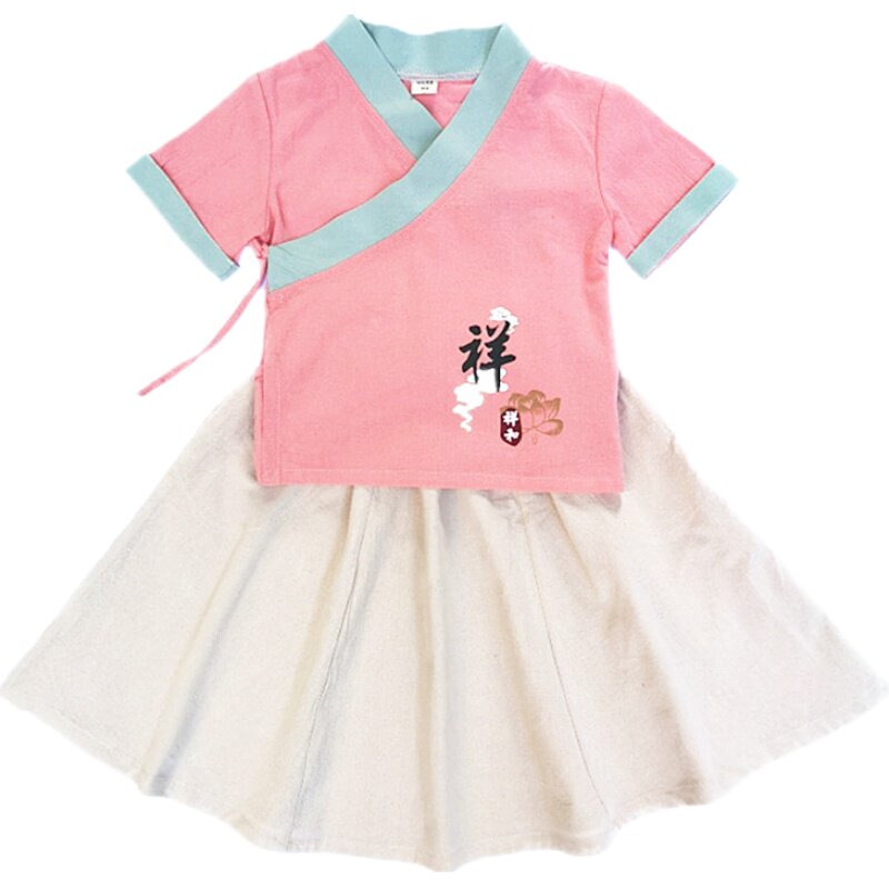 女童纯棉日常古装宝宝夏季拍照服装小药童半袖汉服国学书童演出服