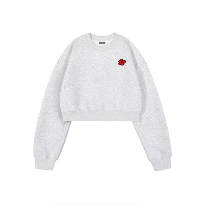 itGROUNDZERO国潮2025秋冬新辣妹短款小花灰色圆领长袖卫衣上衣