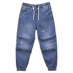 超值宽松束脚牛仔裤男ABLE JEANS男裤锥形裤做旧破洞男九分哈伦裤