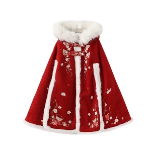 冬款披风加绒加厚汉服女童套装长款红色拜年服外出搭配新中式国风