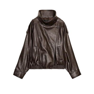 春季新款女装欧美宽松长袖立领荔枝纹仿皮夹克外套 8490792