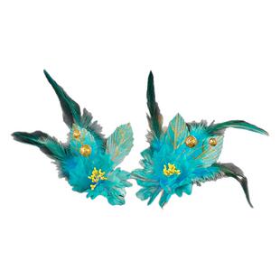 蓝绿色花朵u钗绢纱烫花cos孔雀百搭羽毛发钗古风汉服配饰女头饰
