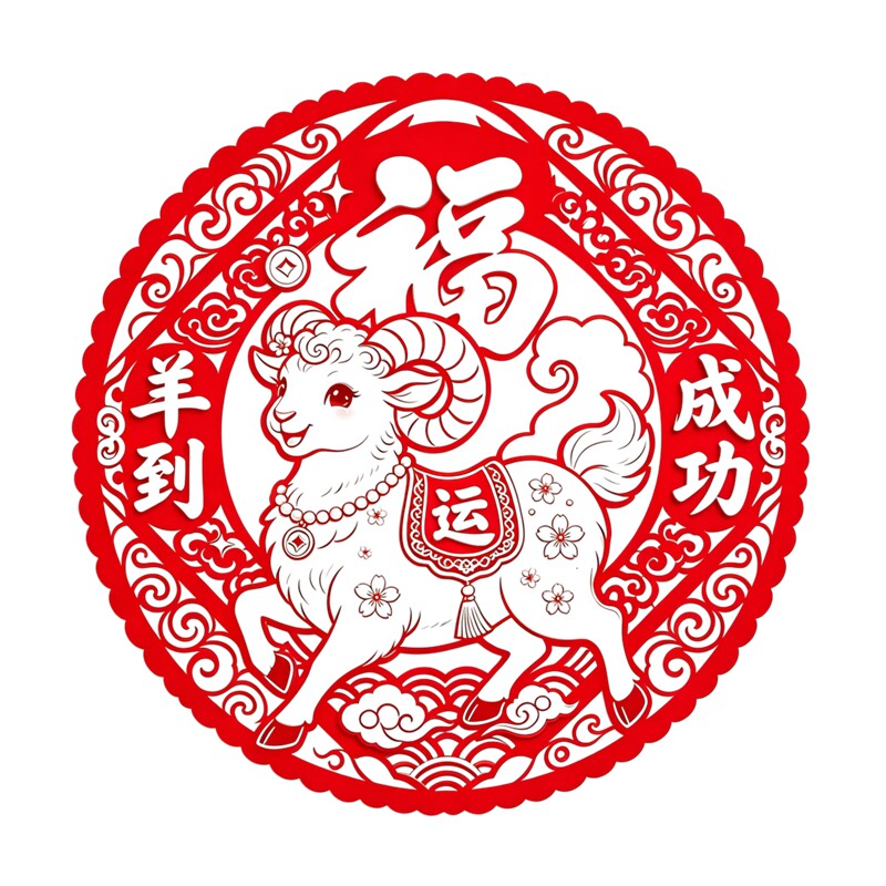 圆形剪纸风小羊窗花福字窗花祥云梅花海浪羊到成功传统装饰贴纸画