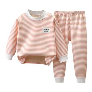 秋冬季儿童保暖内衣套装婴儿宝宝加绒衣服裤子男女大童条纹打底衫