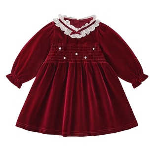 儿童裙子女童法式丝绒连衣裙女宝红色新年拜年服周岁宝宝礼服女孩