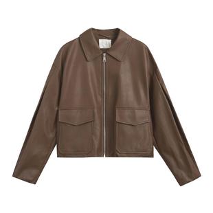 紫涵短款宽松皮衣外套女春季新款美拉德通勤翻领复古PU皮夹克上衣