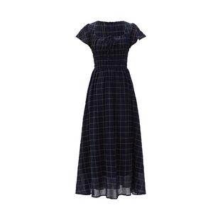 IAmMIX27夏季方领连衣裙女短袖高腰显瘦简约复古学院风格子长裙女
