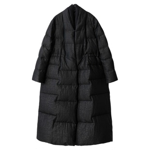 奢品90白鹅绒服香云纱龟裂纹100%桑蚕丝真丝中长防风收腰羽绒外套