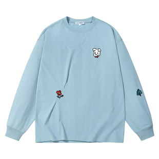 GUUKA&原田治联名小狗重磅纯棉长袖T恤男款 花朵刺绣圆领正肩上衣