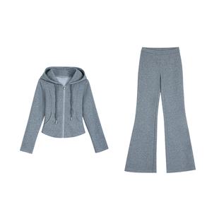 辰米范 博主时髦风 美式灰色连帽卫衣外套女修身微喇卫裤两件套装