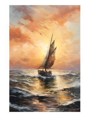 帆船手绘油画办公室客厅玄关挂画