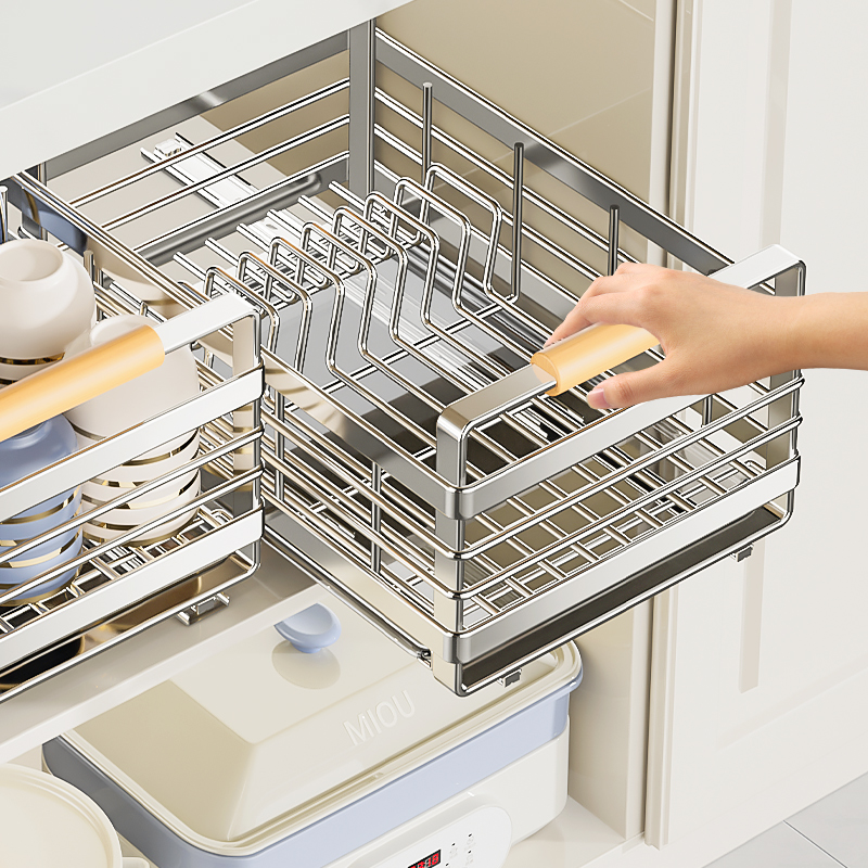 不锈钢碗碟收纳架厨房橱柜内置物架抽屉式拉篮抽拉碗柜盘沥水碗架