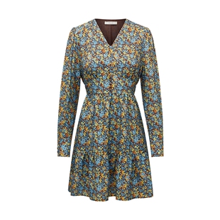 MSLAN博主同款优雅南法印花收腰连衣裙V领长袖短裙MFAV4106