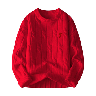 Ami iepo官方红色保暖针织毛衣男女秋冬季慵懒风时尚洋气情侣上衣