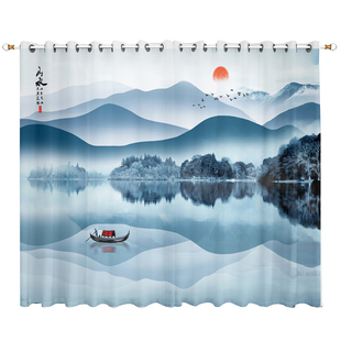 2026新中式窗帘禅意茶室客厅中国风古典水墨山水画透光不透人纱帘