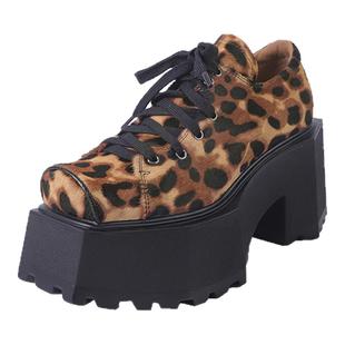 马毛豹纹猪鼻子鞋真皮小皮鞋女2025新款复古绑带增高厚底松糕鞋子