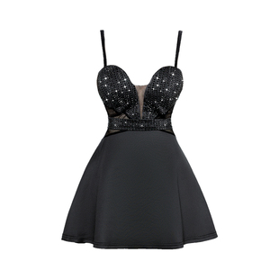 性感吊带连衣裙短款无袖露肩腰镂空高端宴会镶钻表演高腰礼服裙女