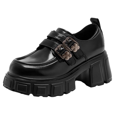 星期六加绒厚底乐福鞋黑色小皮鞋