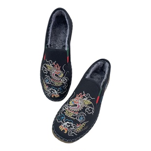 老北京冬季加绒刺绣国潮龙纹牛筋软底套脚舒适休闲保暖男士花布鞋